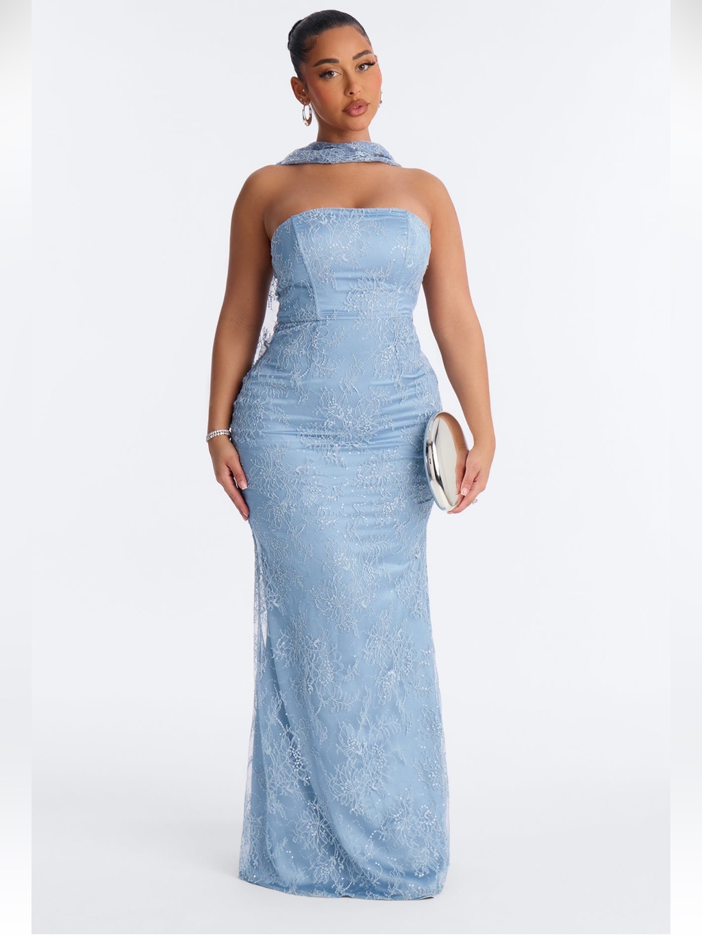 Fashion Nova Strapless Light Blue Lace Gown With Neck Sash